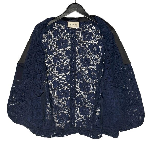 Gucci Navy Blue Lace Satin Tuxedo Lapel Blazer - Picture 3 of 7
